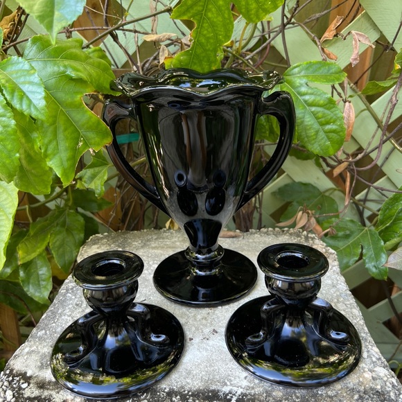 Vintage Art Deci Elegant Black Glass Vase and Candle Holders Set